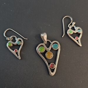 Barse Sterling Silver .925 Heart Jewelry Set with Multicolor Stones.